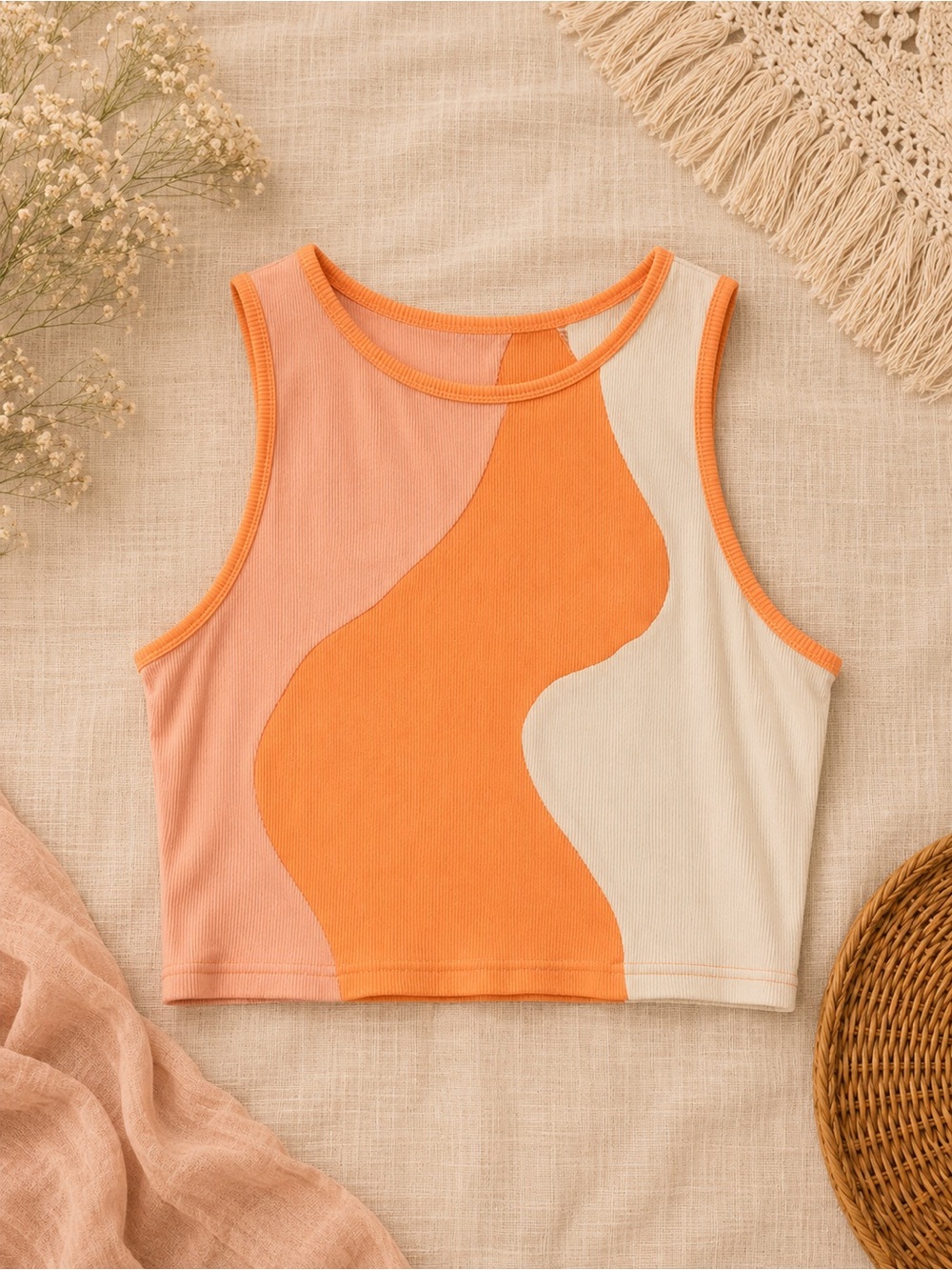 Colorblock Wave Crop Tank Top - Orange, Peach & Cream